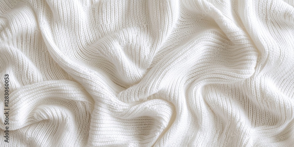 Poster textured white knitted fabric with soft, flowing drapes creating undulating waves and shadows, showc