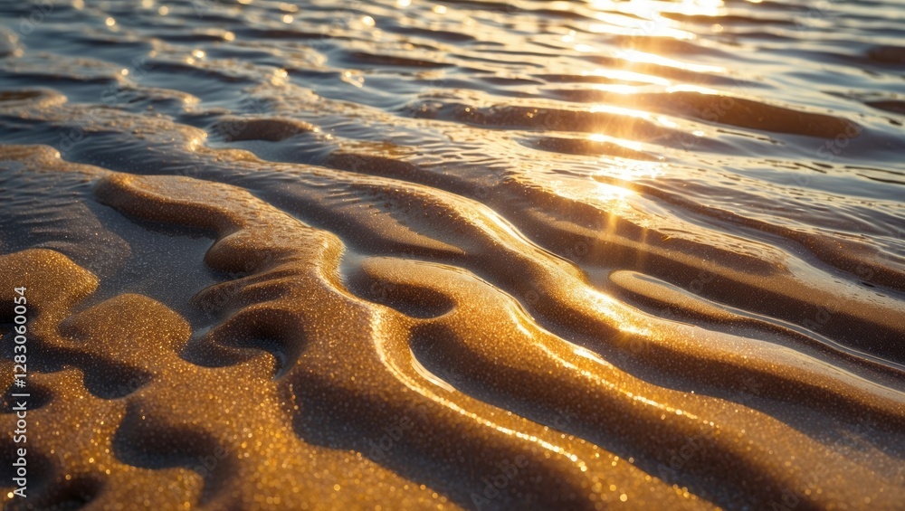 Poster sunlight reflecting on wet sandy shoreline creating textured patterns and ripples during golden hour