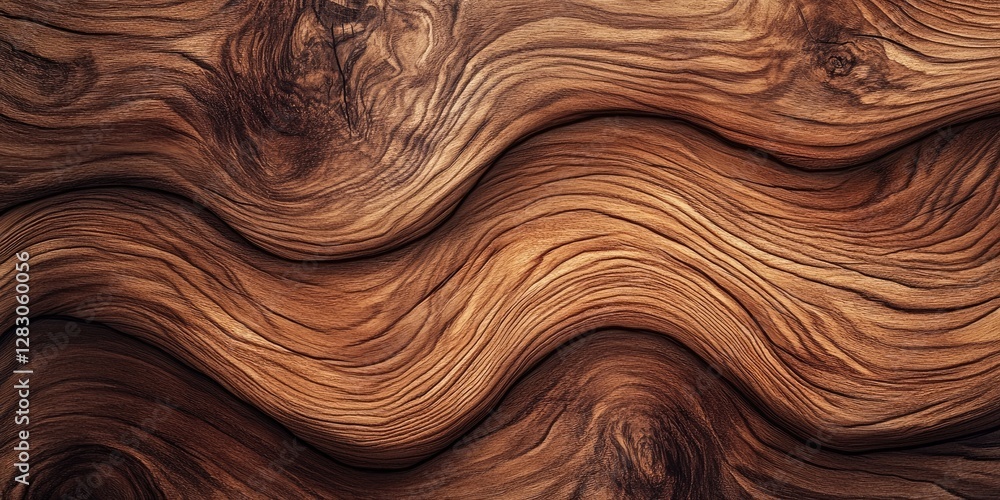 Aufkleber Natural wood texture with wavy patterns in warm brown tones, showcasing intricate grain details and smooth, flowing lines across the surface.
