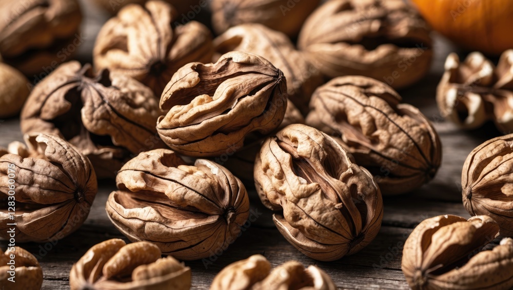 Poster close-up of assorted walnuts in their shells scattered on a rustic wooden surface with a blurred bac