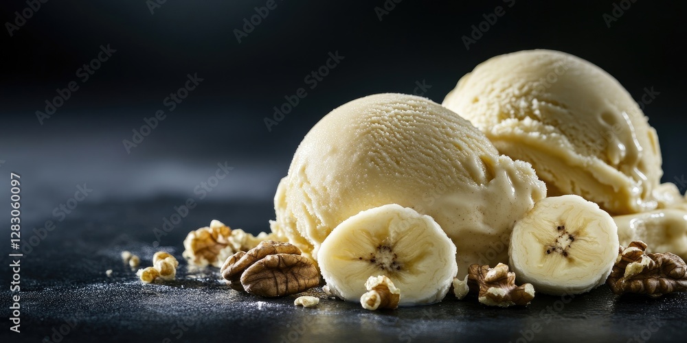Aufkleber Two scoops of creamy banana ice cream with fresh banana slices and walnut pieces on a dark textured background featuring ample negative space.