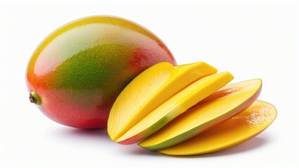 Fresh ripe mango with vivid yellow flesh and green skin, sliced pieces arranged on a white background, showcasing vibrant colors and textures