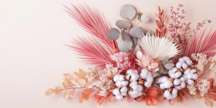 Elegant floral arrangement featuring soft pink and peach hues with cotton bolls, dried leaves, and delicate foliage on a light beige background.