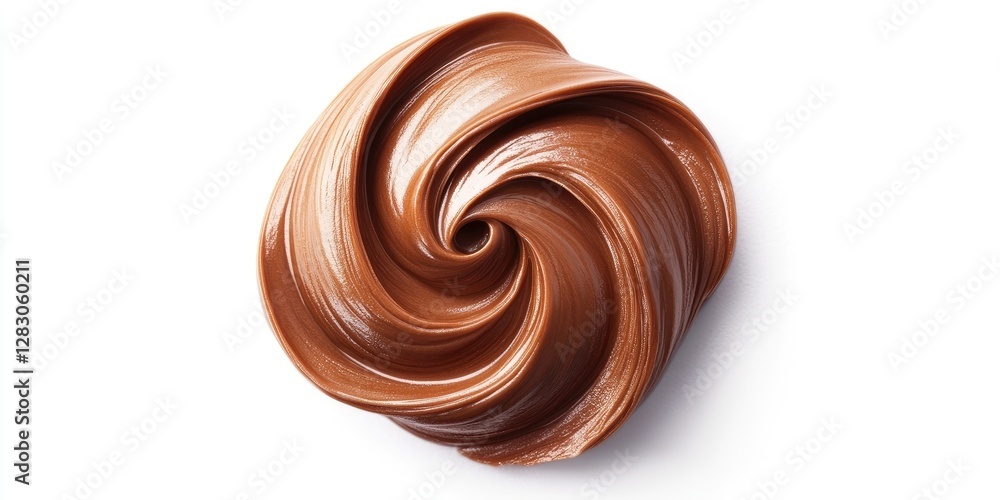 Poster swirled rich glossy chocolate cream in warm brown tones positioned centrally on a pure white backgro