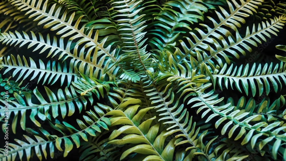 Poster green fern leaves background with intricate patterns and textures in a dense arrangement on a black 