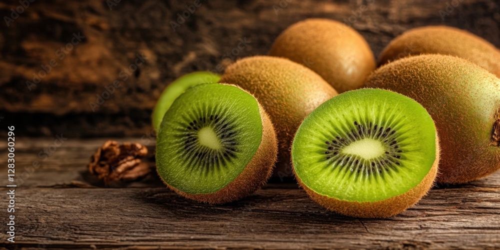 Poster vibrant kiwi fruits arranged on a rustic wooden table with selective focus showcasing rich textures 