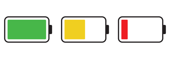 Battery colorful icons. Battery charge level indicators. Phone Battery life icon. Charging energy icons. Collection of battery power.