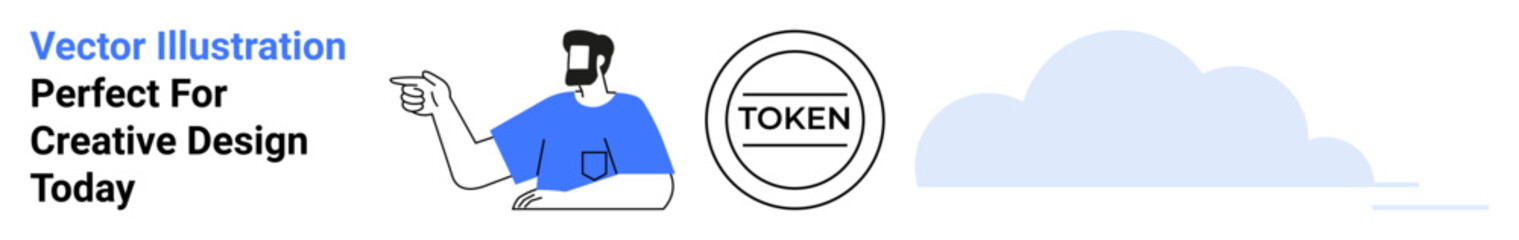 Man gesturing to the right, circular token labeled TOKEN, and a cloud. Ideal for branding, design, tech concepts, cloud storage, digital innovation, marketing flat landing page banner
