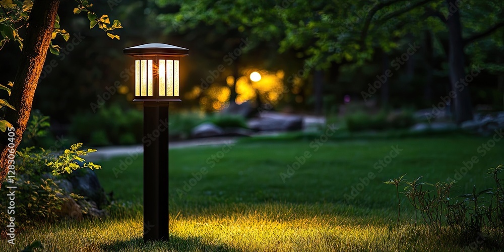 Poster garden pathway illuminated by a vintage lamp post at night surrounded by lush green grass and trees 