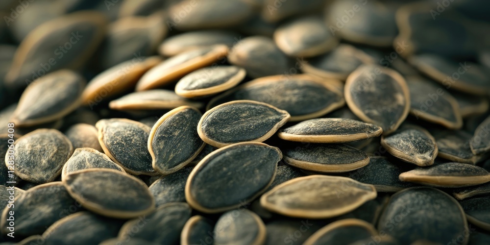 Poster close-up of scattered pumpkin seeds with varying shades of brown and gray, arranged in a slightly bl