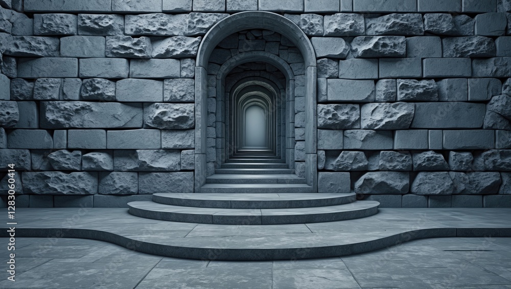 Poster 3d render of a stone corridor with arched doorways and steps leading to a bright light in a dimly li