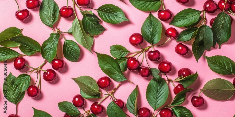 Poster vibrant red cherries nestled among lush green leaves on a soft pink backdrop creating an abstract fl