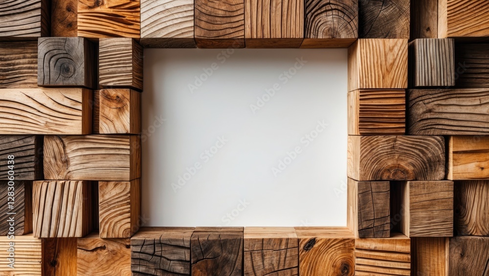 Poster wooden picture frame made of various textured blocks with a blank white space in the center for cust