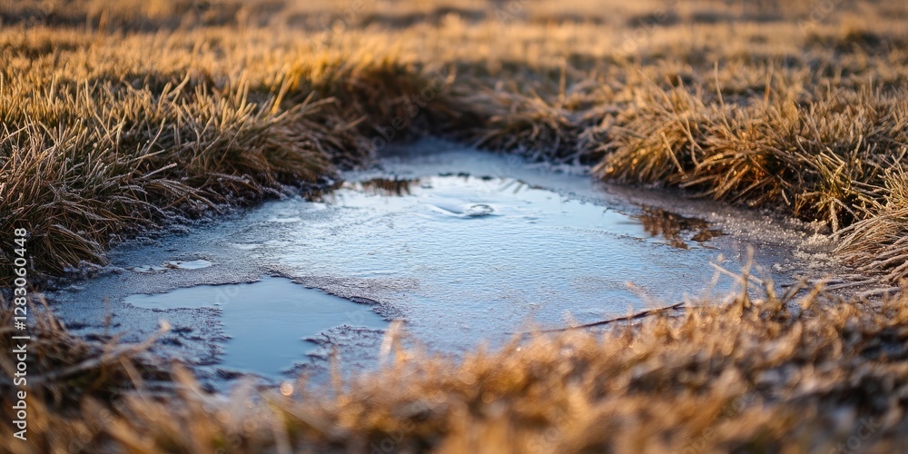 Poster frozen puddle surrounded by tall dry grass in a serene landscape under soft warm sunlight creating a