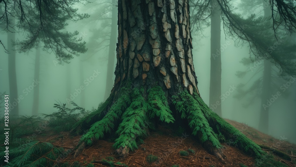 Poster mysterious green fog enveloping the base of a pine tree trunk creating an enchanting atmosphere for 