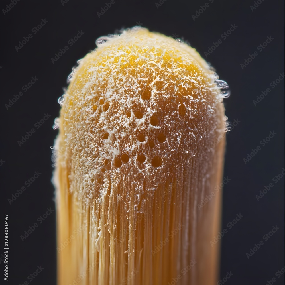Poster close-up of a matchstick head showing intricate textures and bubbles against a dark background