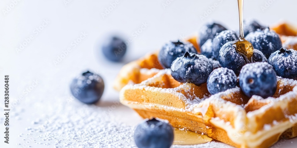 Aufkleber golden maple syrup drizzling over a golden belgian waffle topped with fresh blueberries and powdered