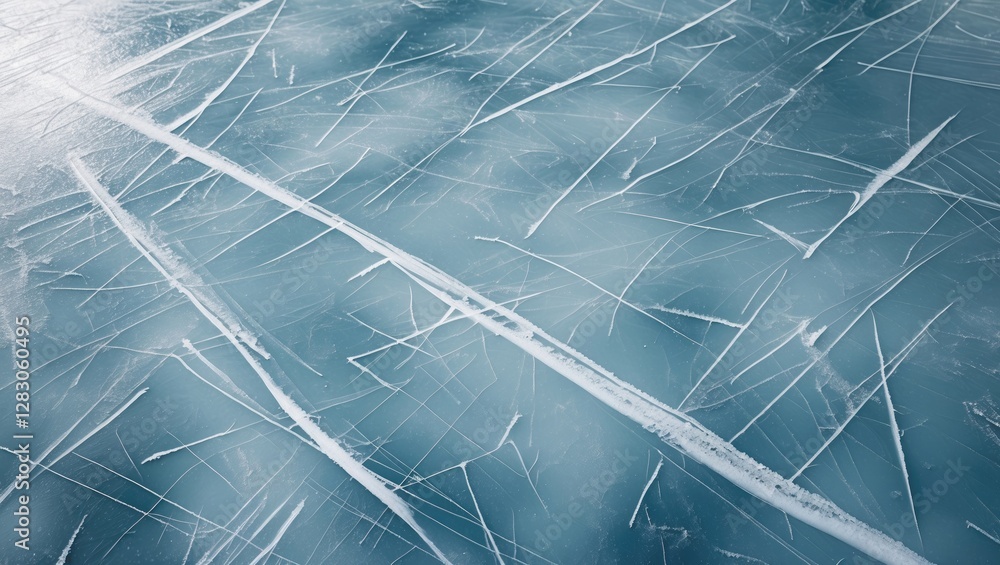 Poster close-up view of ice surface with scratches and lines creating a textured pattern on frozen water