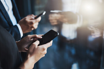 Business, hands and people typing with smartphone for global connection, b2b contact sharing and networking. Professional, employees and phone for communication, online research or application sync