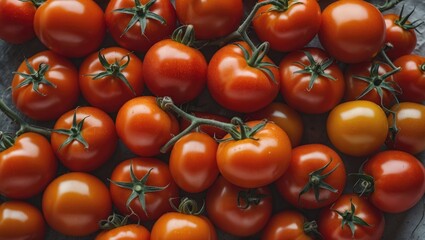 Vibrant assortment of fresh ripe tomatoes arranged on a textured surface showcasing rich colors and natural beauty in a culinary setting.