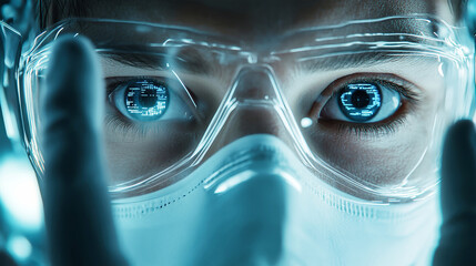 Doctor engaged in advanced AI diagnostics through a sophisticated medical interface in an ultra-modern healthcare environment