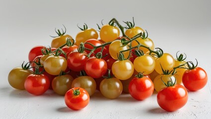 Vibrant assortment of ripe red and yellow grape tomatoes beautifully arranged on a white background showcasing freshness and color diversity.