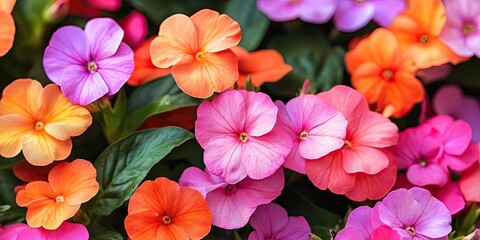 Vibrant mixed Impatiens flowers in shades of orange, pink, and purple with lush green foliage creating a colorful garden scene.