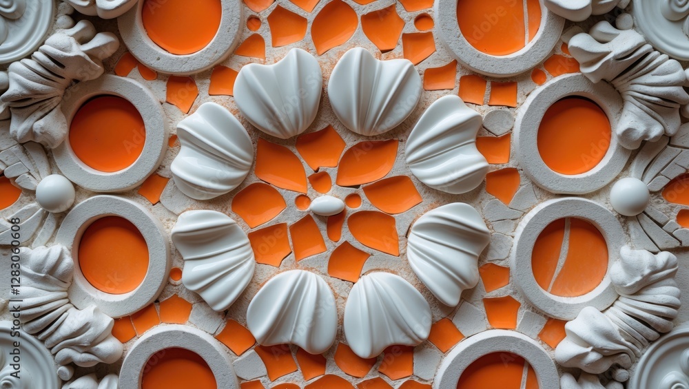 Aufkleber decorative wall texture with white plaster motifs and orange elements creating intricate patterns an