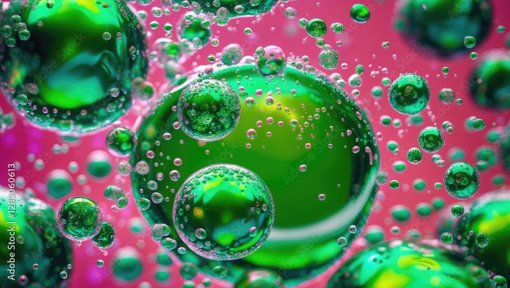 Poster vibrant green bubble texture with intricate details and floating air bubbles against a contrasting c
