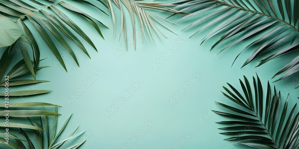 Poster lush green palm leaves elegantly arranged in corners on a soft pastel green background creating a se
