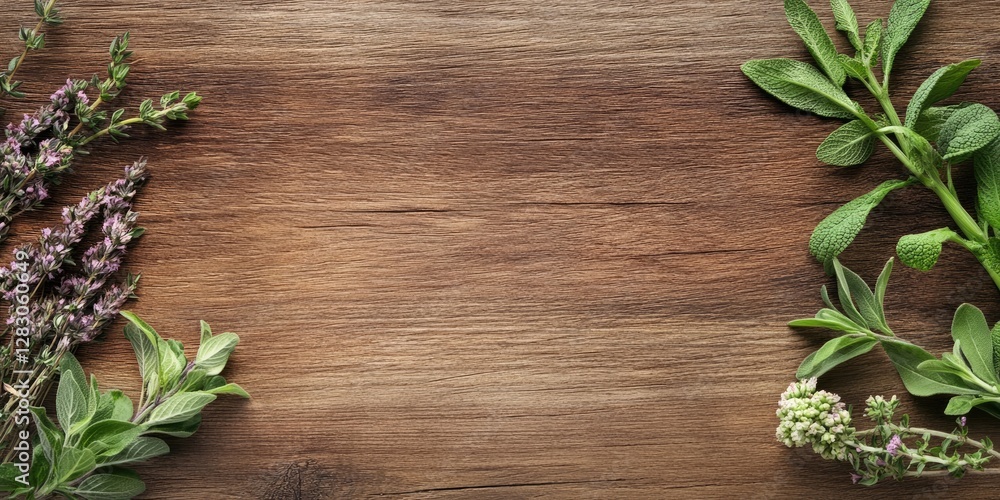 Leinwandbilder fresh green herbs including mint and thyme arranged symmetrically on a rustic wooden surface with am