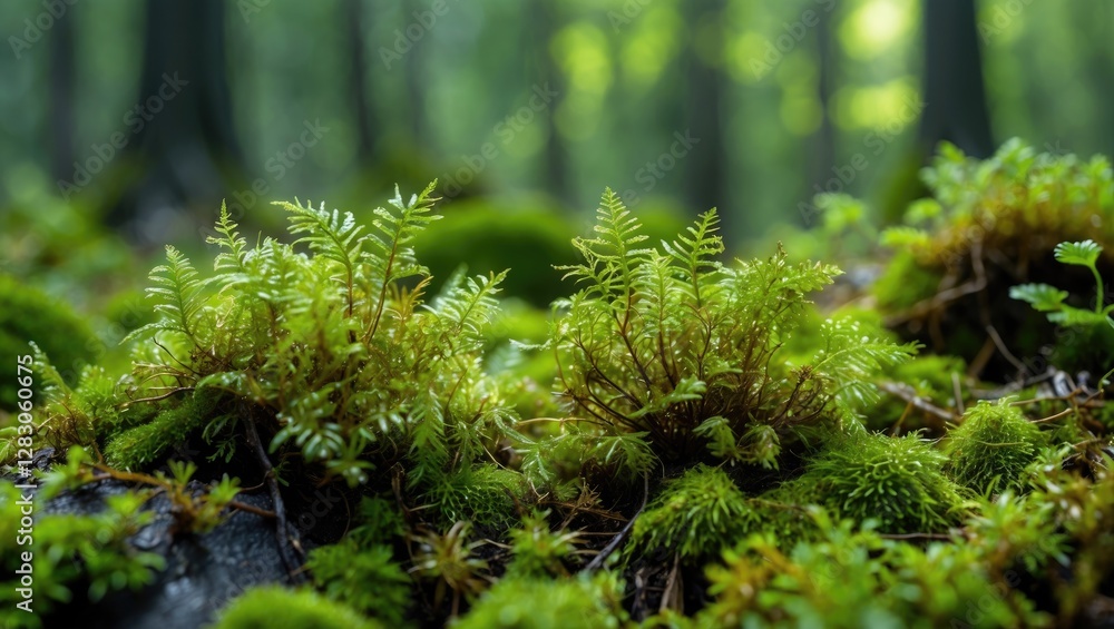 Poster detailed close-up of vibrant green ferns and moss on forest floor with soft sunlight filtering throu