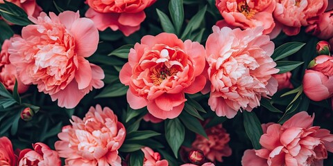 Obraz premium Vibrant pink peony flowers in full bloom surrounded by lush green leaves creating a rich natural tapestry in an overhead view arrangement.