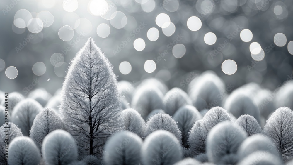Poster frosted trees in a winter landscape with bokeh background creating a serene atmosphere in black and 