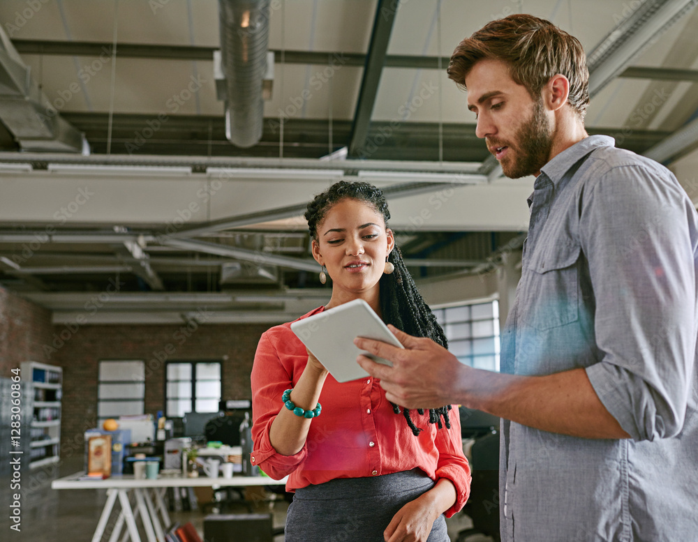 Poster designers, tablet and people in small business for meeting, skill development and collaboration. ide