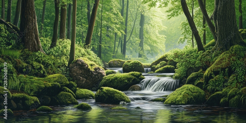 Poster lush green forest with vibrant moss-covered stones and a gentle stream flowing through, creating a t