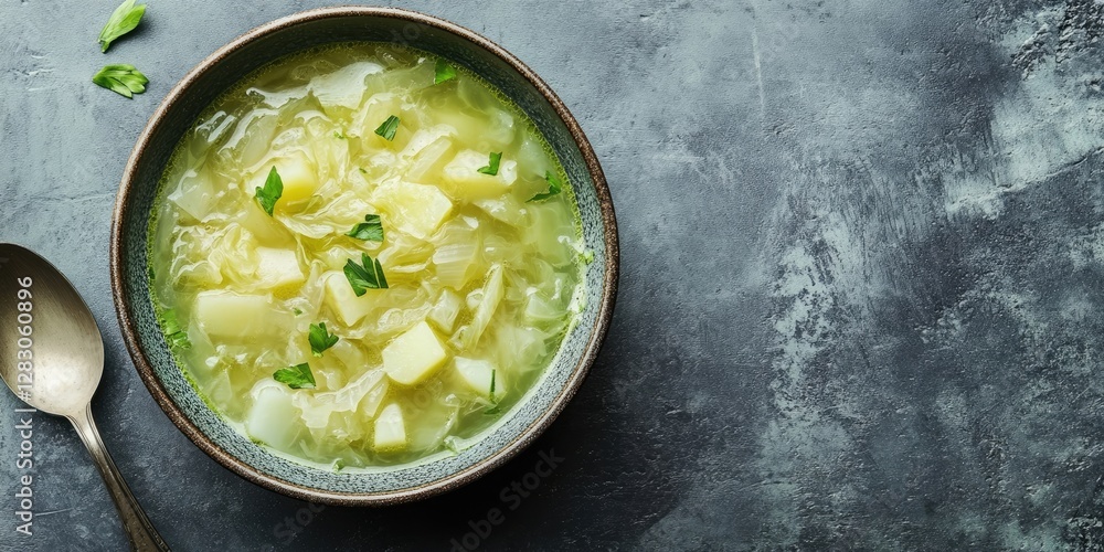 Poster soup bowl with shredded cabbage and diced potatoes on a dark textured surface green herbs garnish am