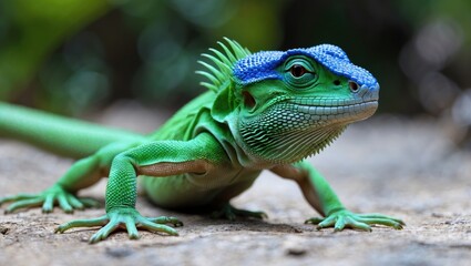 Fototapeta premium Vibrant green lizard with striking blue head displaying unique colors and patterns in a natural habitat setting.