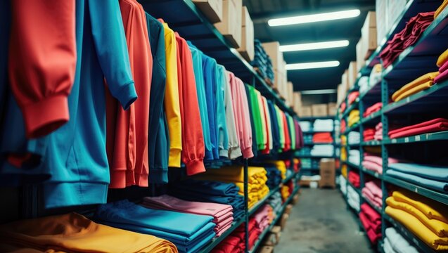 Colorful clothing displayed on shelves in a warehouse showcasing textile products for sale and organized production and storage.