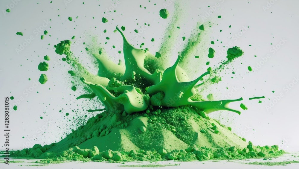 Poster green powder explosion creating dynamic splashes and particles against a neutral background.