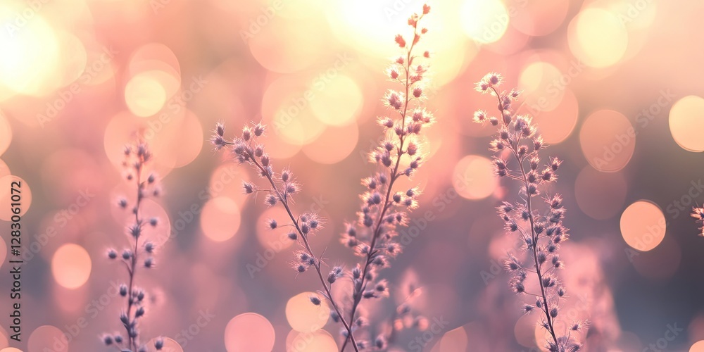 Poster delicate pink flowers softly blurred in a dreamy bokeh background with warm golden light creating a 