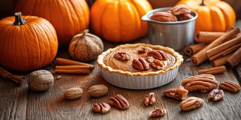 Fototapeta premium Warm autumn setting featuring a freshly baked pumpkin pie with pecans surrounded by vibrant orange pumpkins, cinnamon sticks, and assorted nuts on a rustic wooden table.
