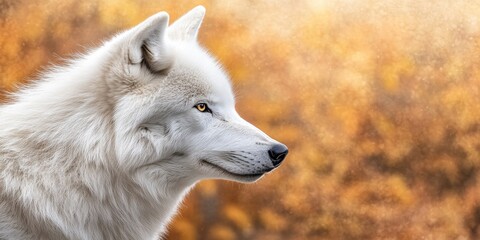 Arctic wolf profile showcasing elegant white fur and sharp features against a blurred golden autumn background highlighting its natural beauty.