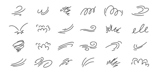 Doodle line wind moving set. Breath of the typhoon. Flat wind moves Vector isolated illustration