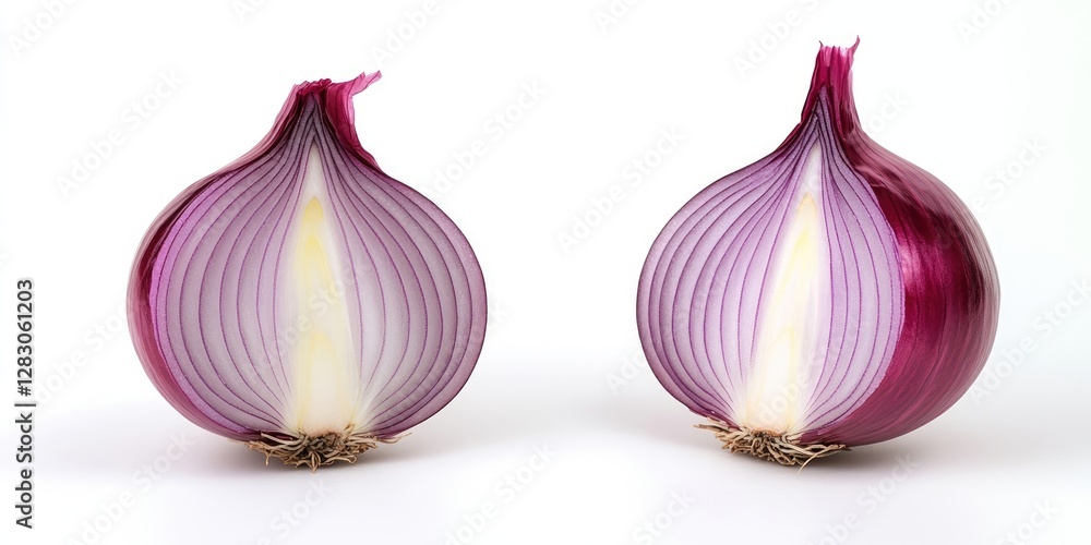 Poster Halved red onion on a clean white background displaying vivid purples and whites highlighting texture ideal for culinary presentations and food projects
