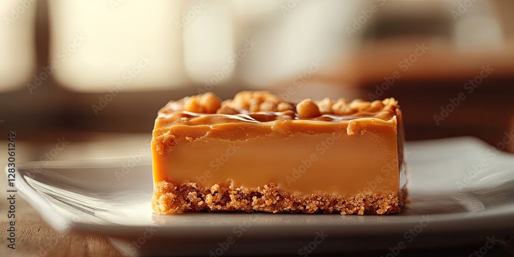 Poster butterscotch dessert slice on white plate with caramel drizzle colorful background and natural light
