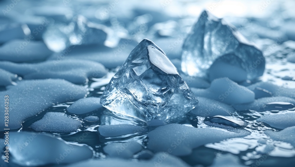 Aufkleber ice cubes and crushed ice on a reflective surface with a blue tint creating a cool atmosphere for be