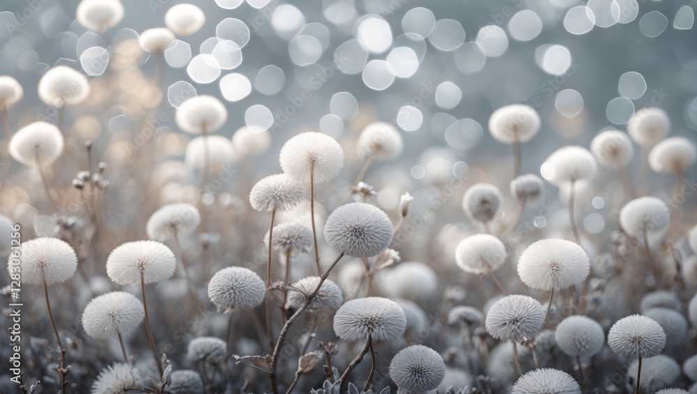 Poster fluffy white dandelion seed heads in a blurred background with soft bokeh lights and muted colors in