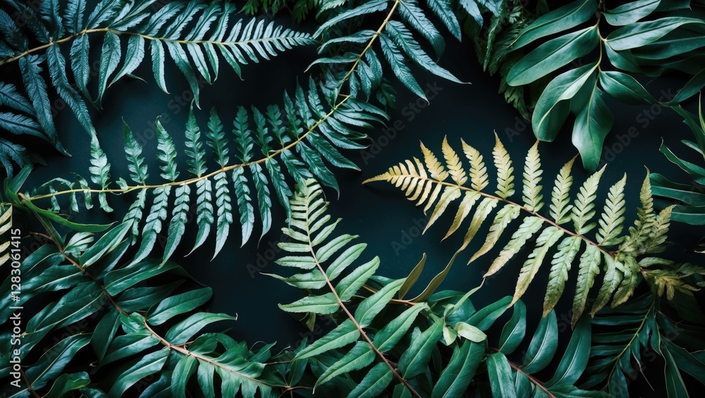Aufkleber various green ferns arranged artistically on a dark background creating a textured botanical composi
