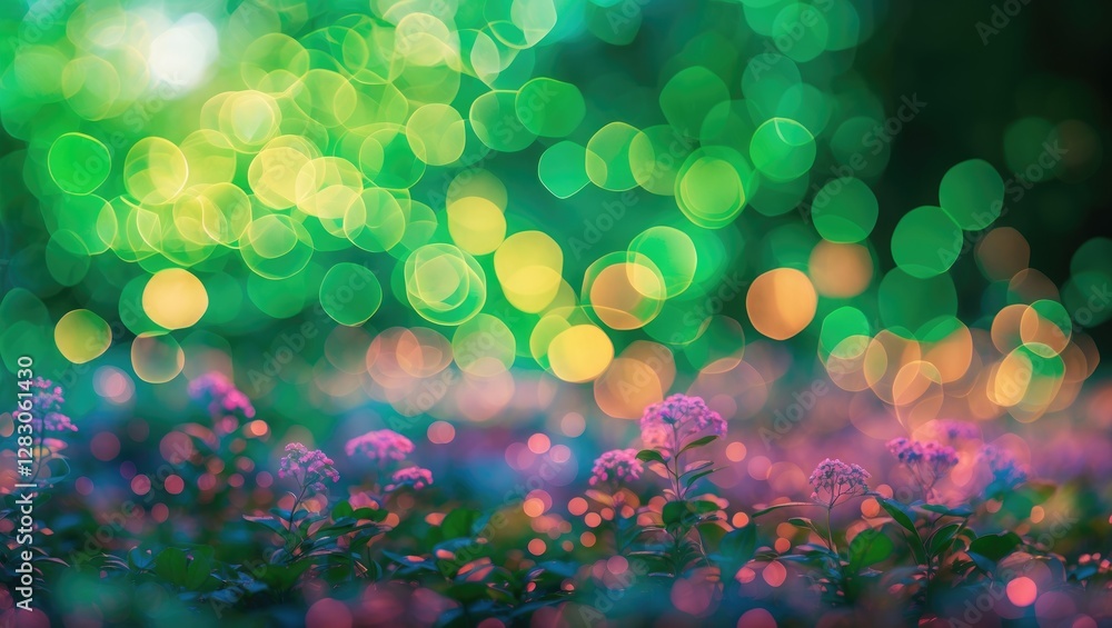Poster abstract green bokeh background with colorful blurred lights and flowers creating a serene and encha